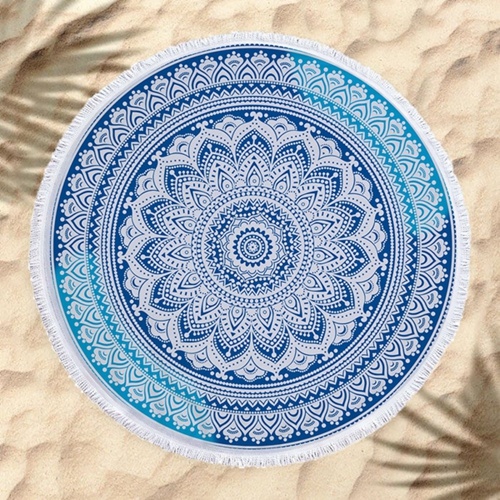 Toallas de Playa de Poliéster con Mandala Azul y Blanco - Diseño Bohemio con Flecos